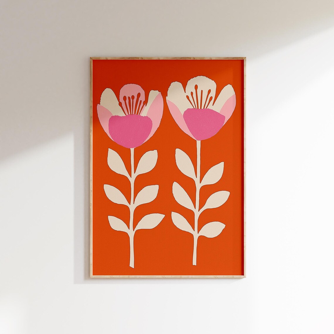 Retro Orange Pink Flower Print Mid Century Modern Botanical Wall Art - Image 3