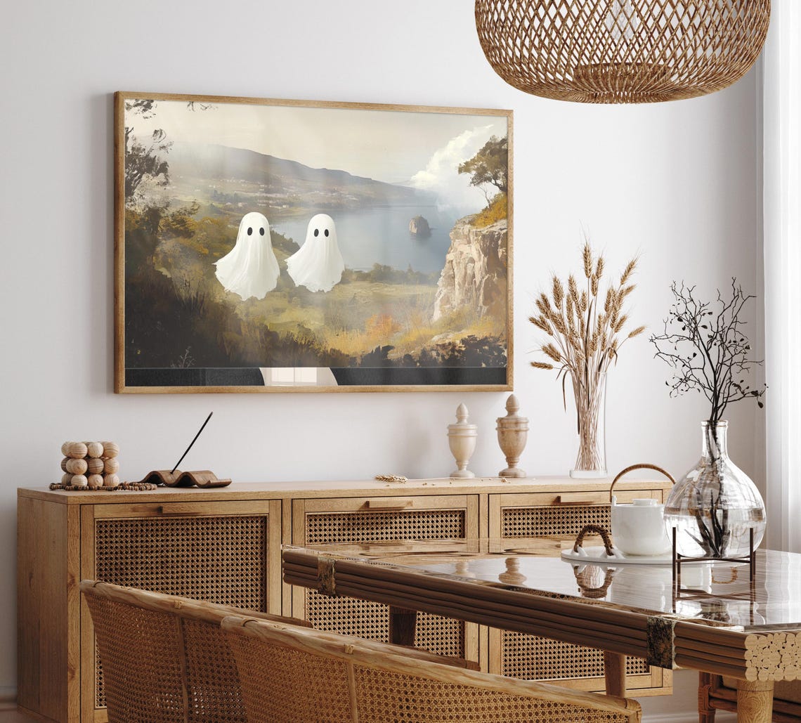 Two Ghosts in Mysterious Landscape Art Poster Vintage Halloween - Image 2