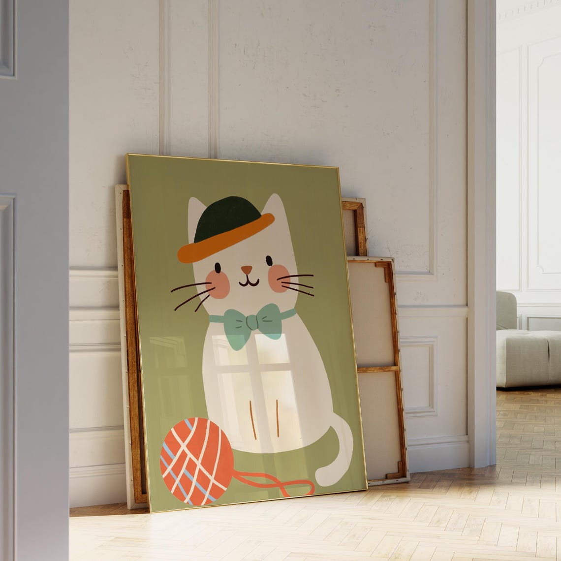 Fancy Cat Gentleman Bow Tie Bowler Hat Green Playroom Kids Wall Poster - Image 3