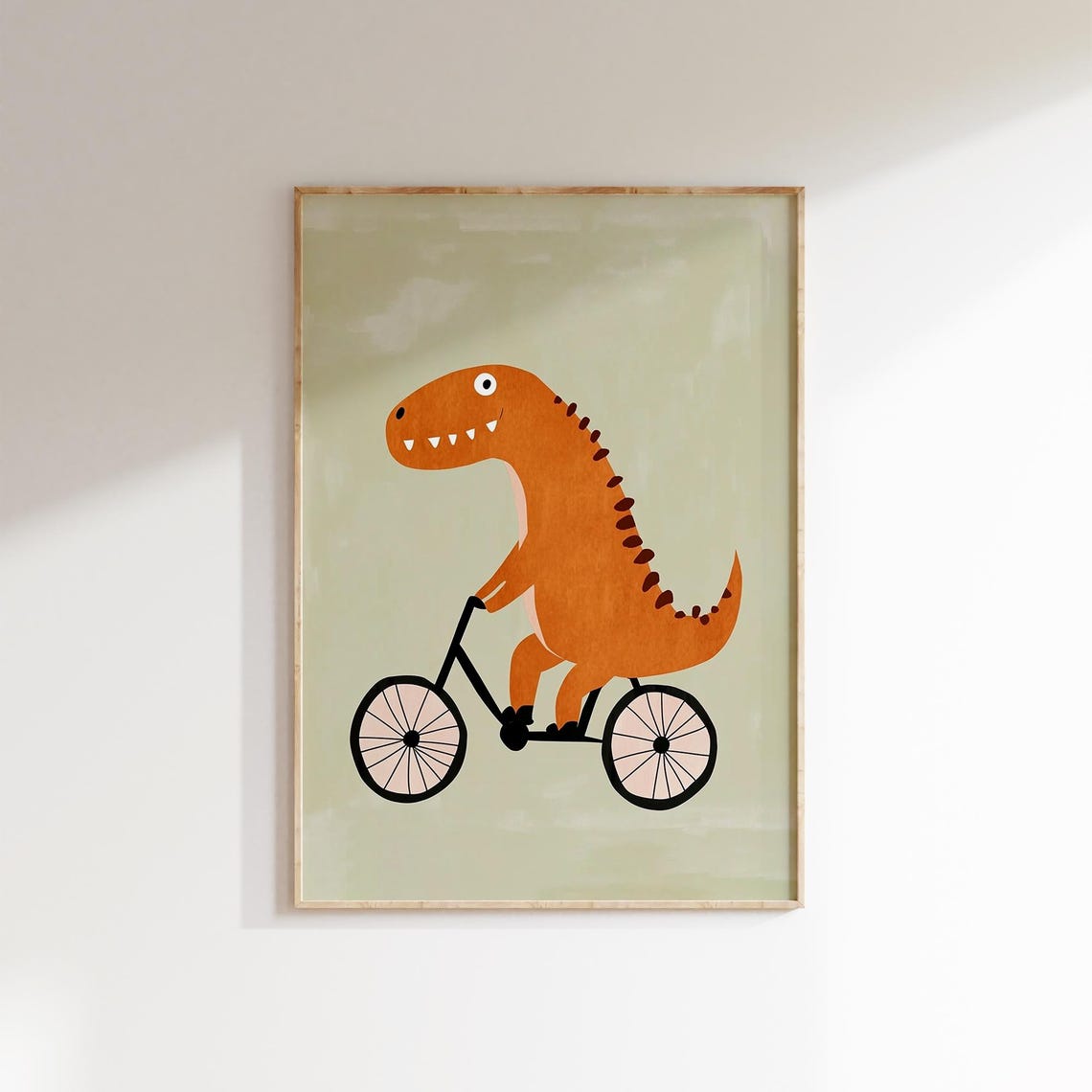 Orange T Rex Dinosaur Riding Bicycle Kids Room Playroom Poster