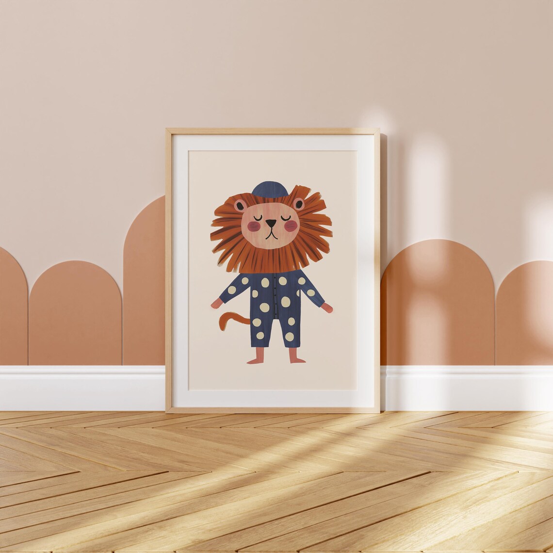 Sleepy Lion Navy Polka Dot Pajamas Nightcap Bedtime Nursery Wall Art Print - Image 5