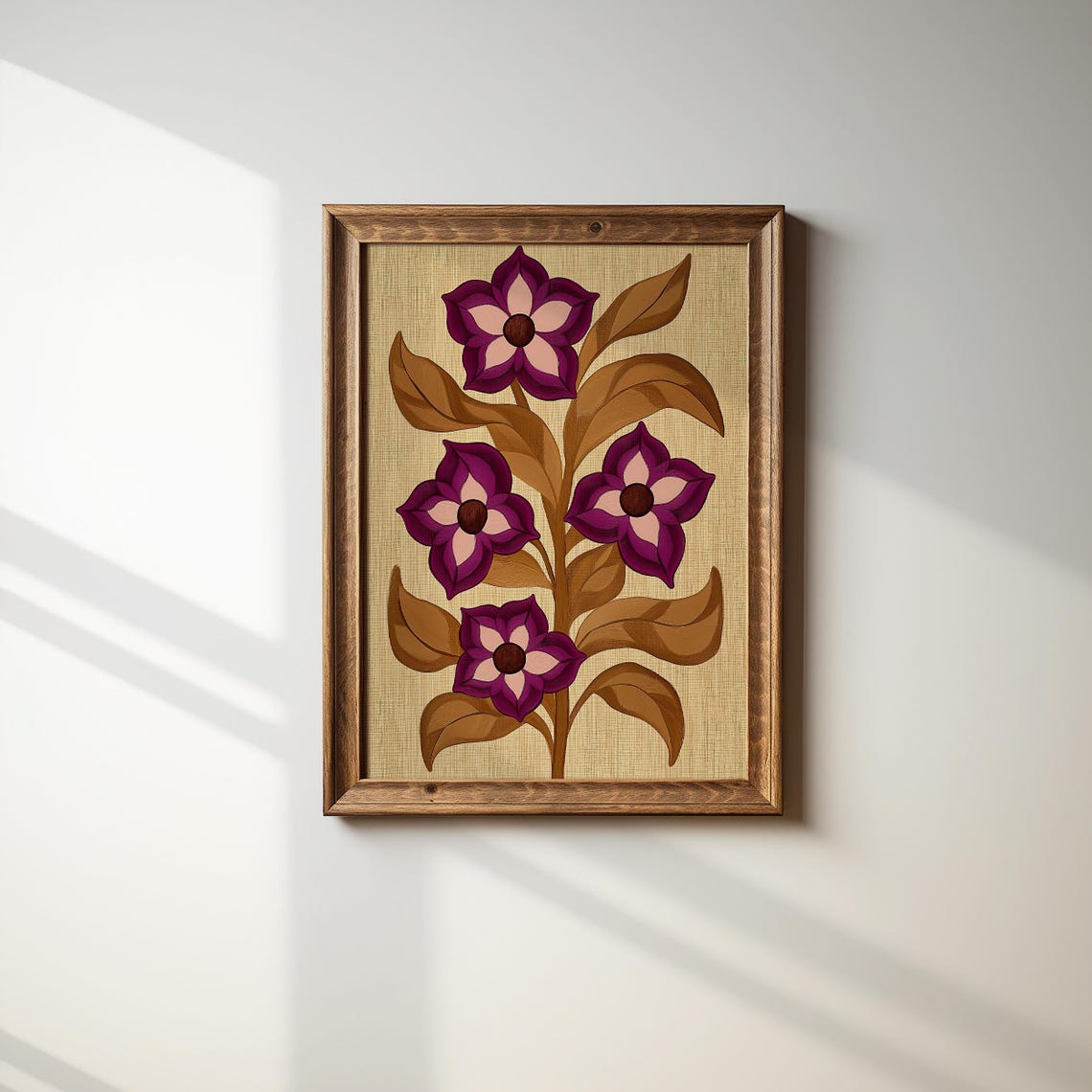 Retro Purple Flower Botanical Print Mid Century Brown Leaf Wall Art