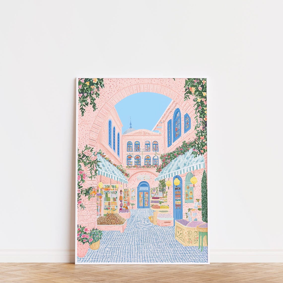 Mediterranean Market Courtyard Pink Buildings Blue Cobblestone Poster - Image 3