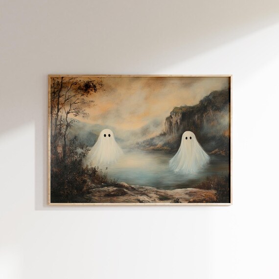 Two Ghosts by the Lake Moody Halloween Painting Dark Academia Art Poster