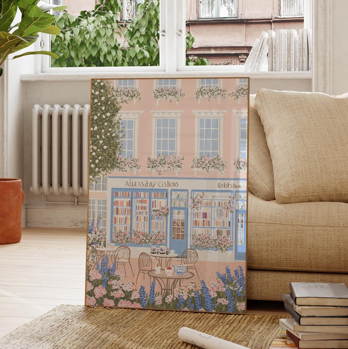 English Bookstore Front Pink Blue Flowered Bookshop Cottage Poster - Image 4
