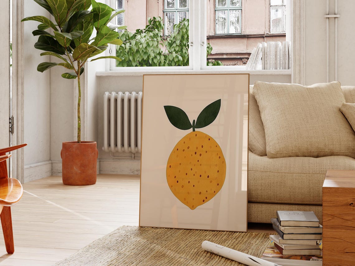 Minimalist Yellow Lemon Green Leaves Modern Kitchen Fruit Art Poster - Image 5