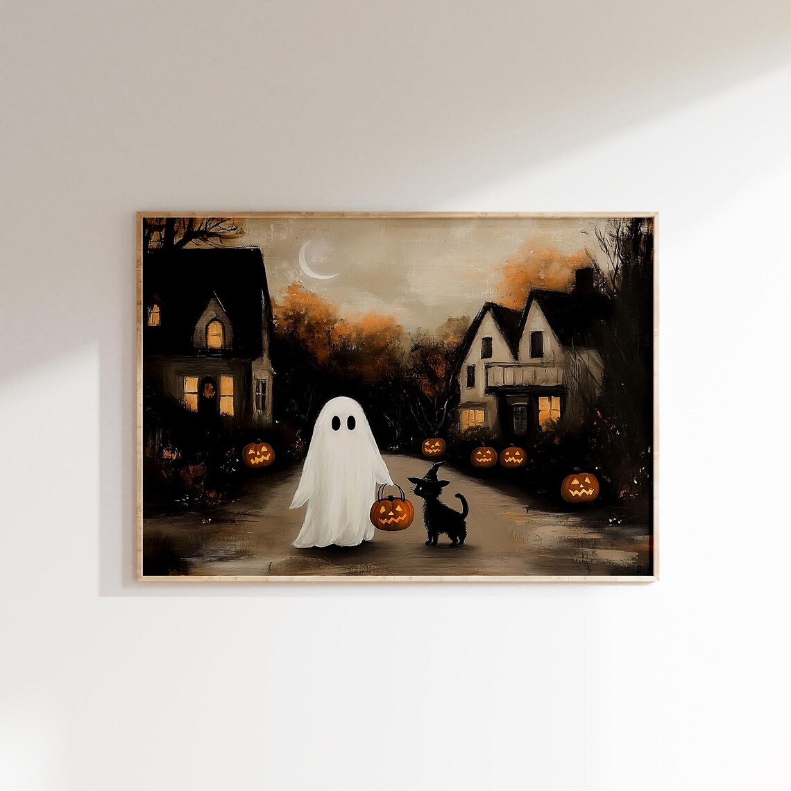 Trick or Treat Ghost and Black Cat Spooky Halloween Village Street Poster