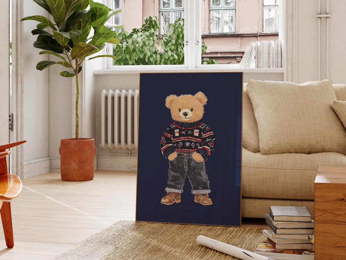 Teddy Bear In Fair Isle Sweater And Jeans Preppy Nursery Decor Poster - Image 2