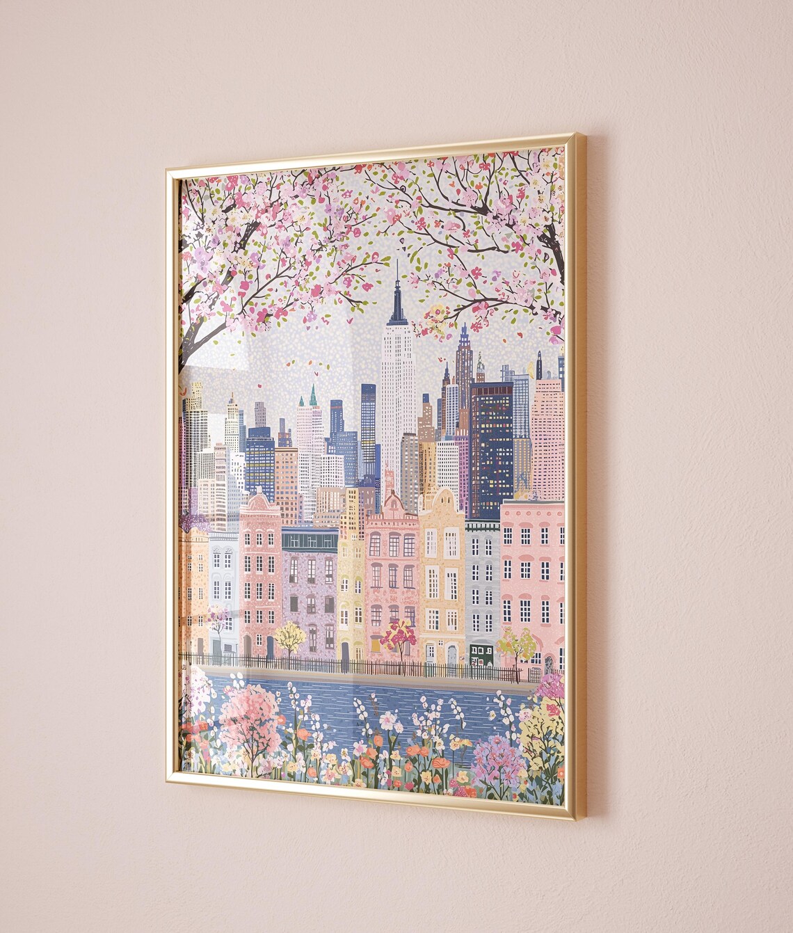 New York City Manhattan Skyline Spring Cherry Blossom Art Poster - Image 2