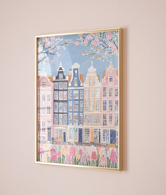 Amsterdam Row Houses Spring Bloom Pastel Canal Cityscape Floral Home Poster