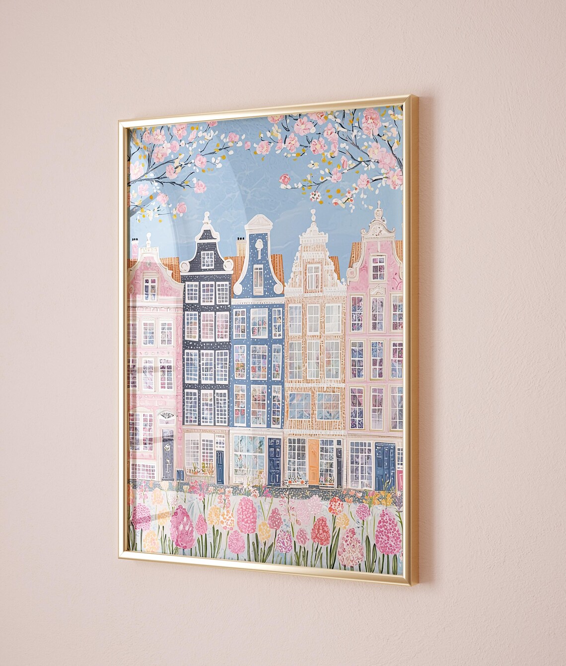 Amsterdam Row Houses Spring Bloom Pastel Canal Cityscape Floral Home Poster