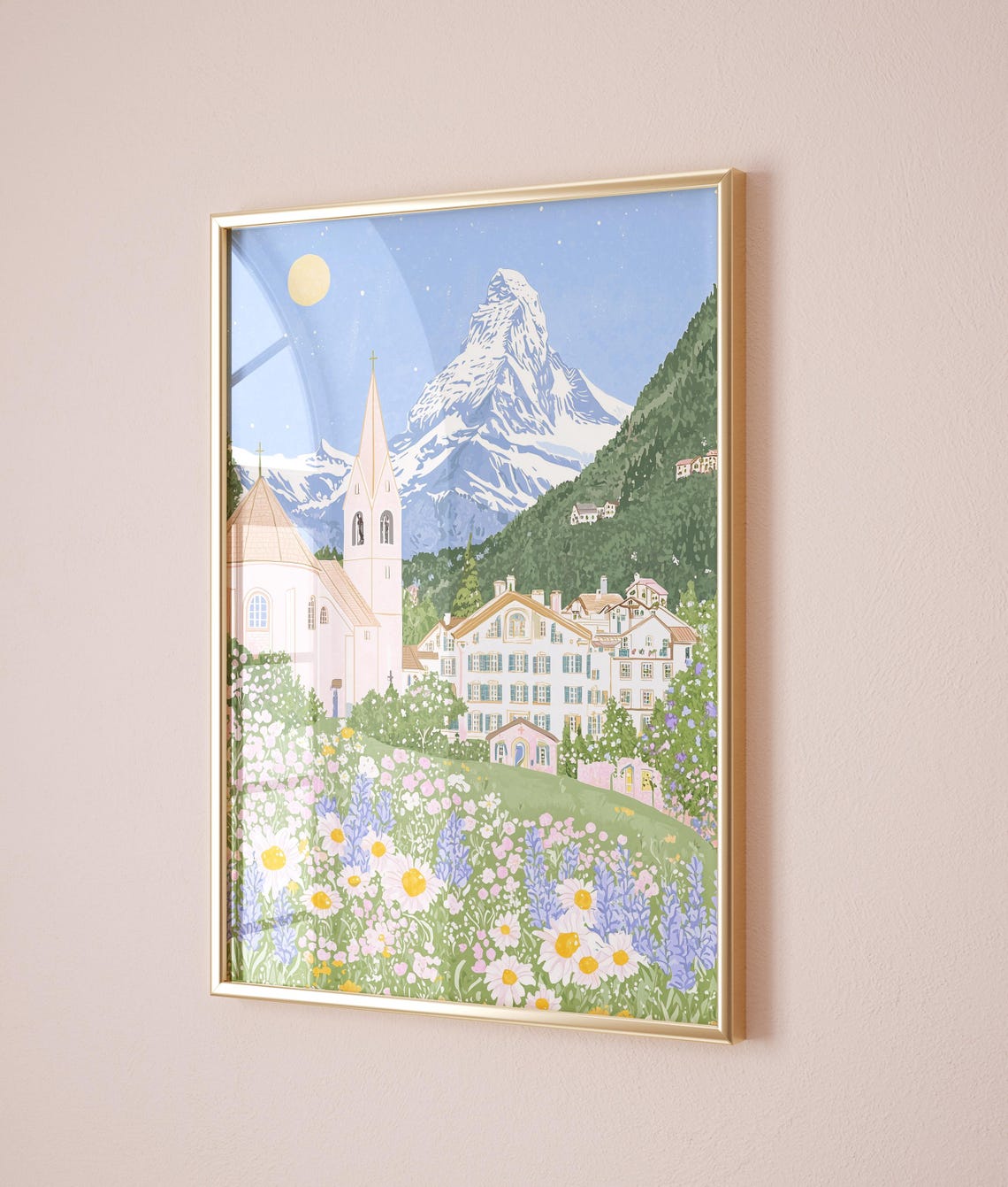 Alpine Village Church Snowy Peak Wildflower Meadow Summer Poster - Image 3