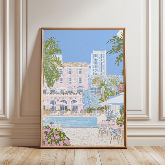 Pink Hotel Pool Courtyard Palm Trees Tropical Vacation Poster