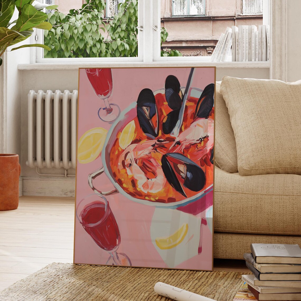Spanish Seafood Paella With Shrimp Mussels Wine Pink Food Art Poster - Image 3