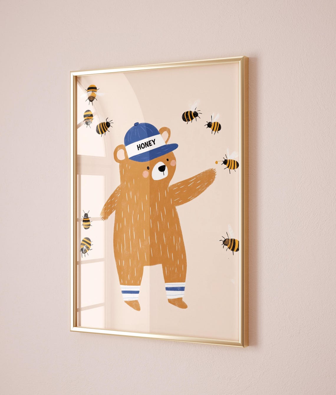 Happy Bear With Honey Hat Kids Room Print Surrounded By Cute Busy Bees - Image 2