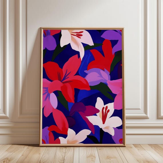 Modern Lily Wall Art Print Navy Red Pink Floral Bold Botanical Poster Contemporary Living Room Art