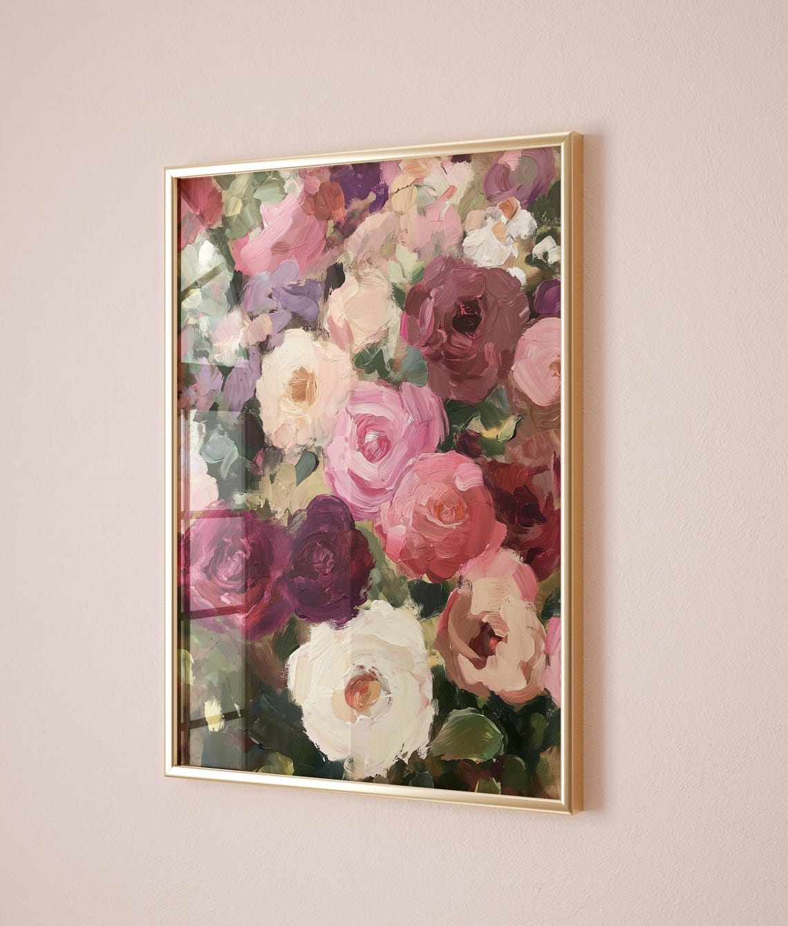 Romantic Pink Blush White Burgundy Roses Painterly Floral Poster