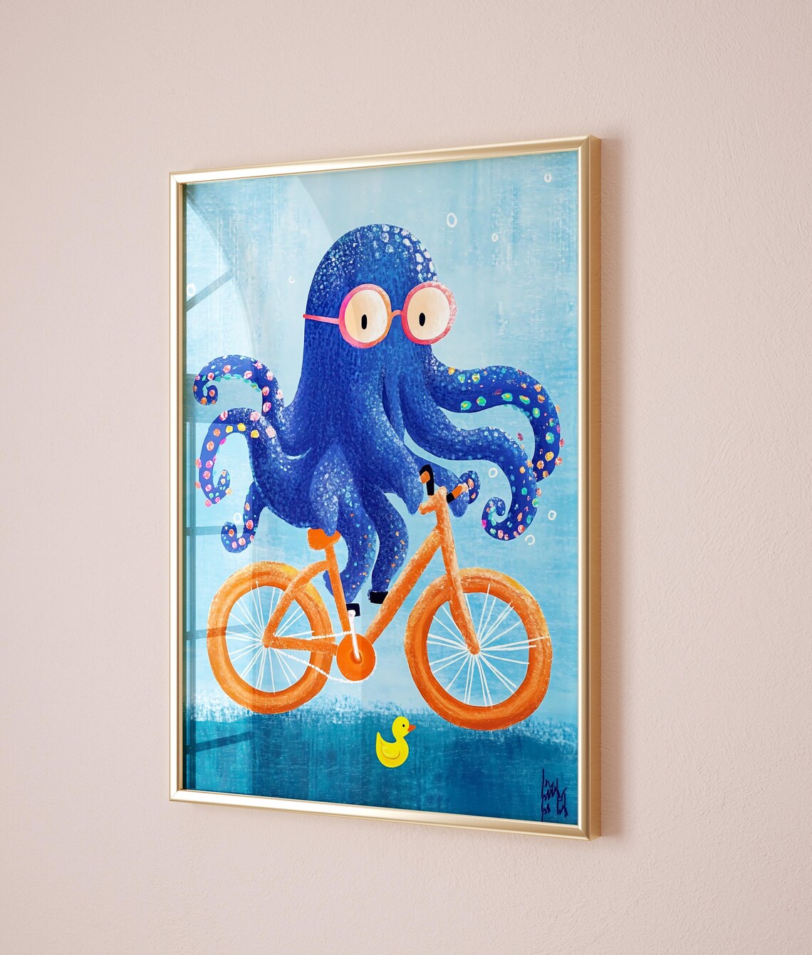 Cute Blue Octopus Riding Bike Glasses Nursery Sea Animal Poster - Image 2