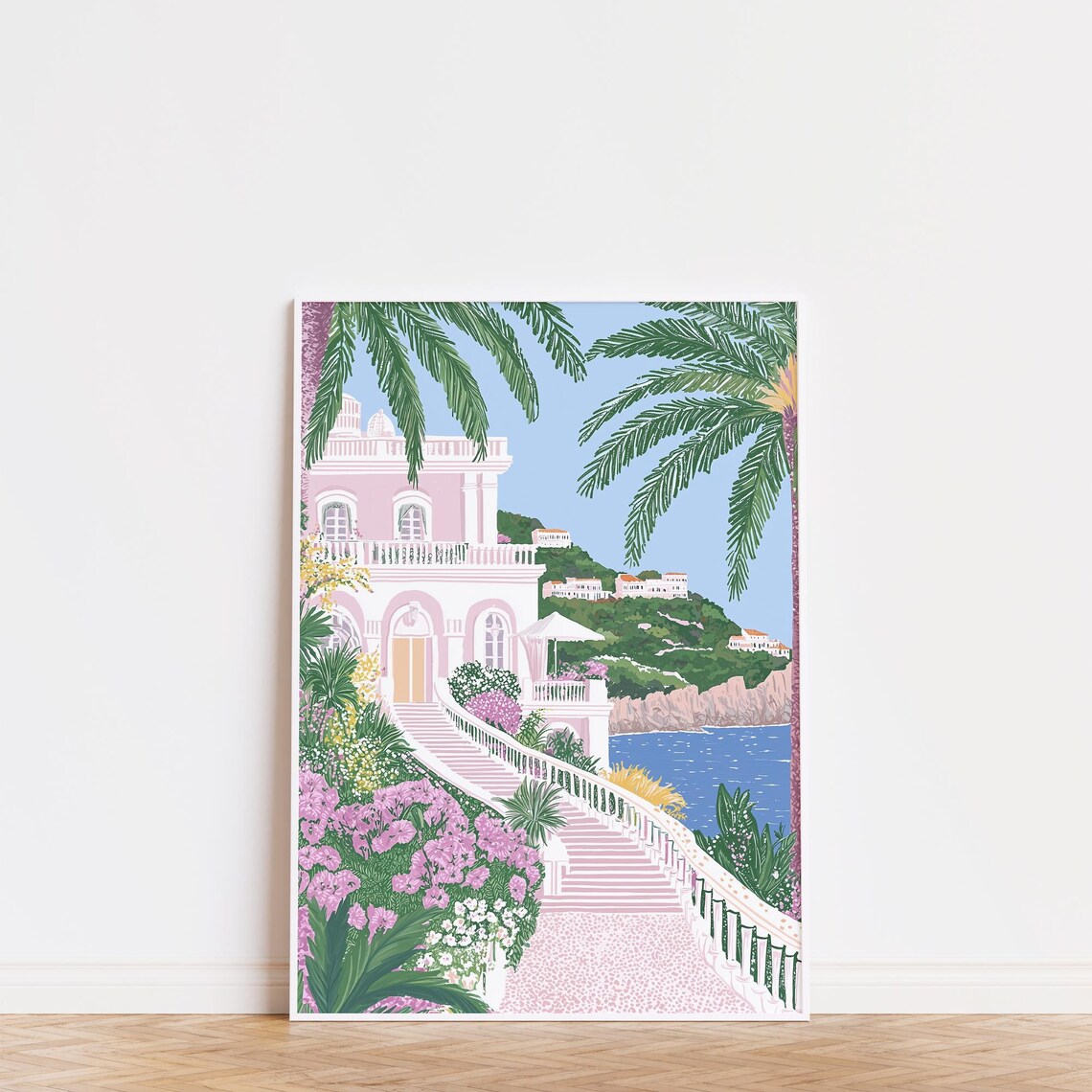 Pink Mediterranean Coastal Villa Palm Garden Seaside Staircase Poster - Image 3