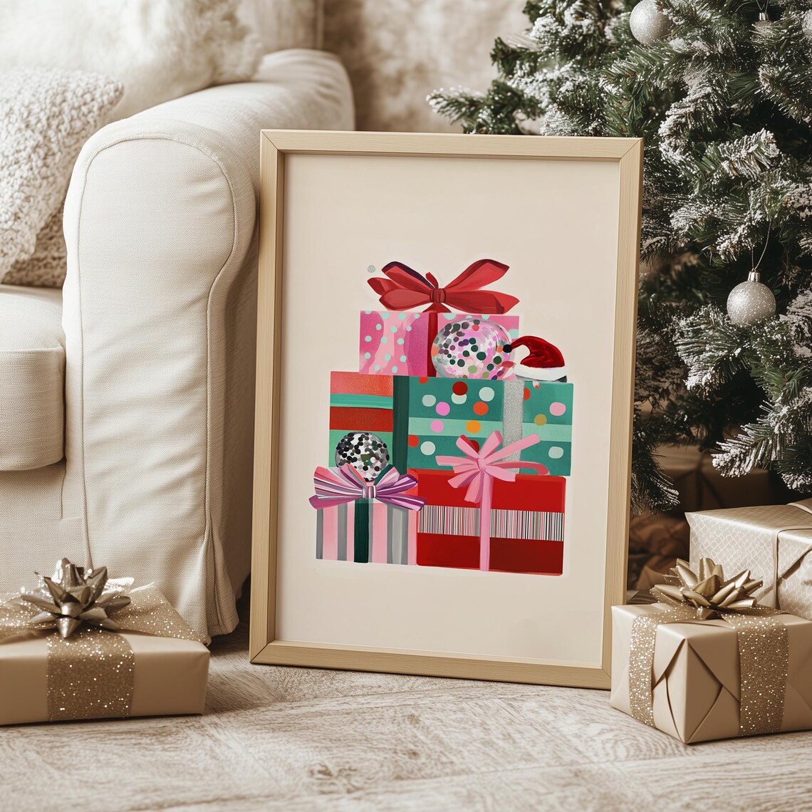Colorful Stacked Christmas Presents Gift Bows Holiday Decor Poster