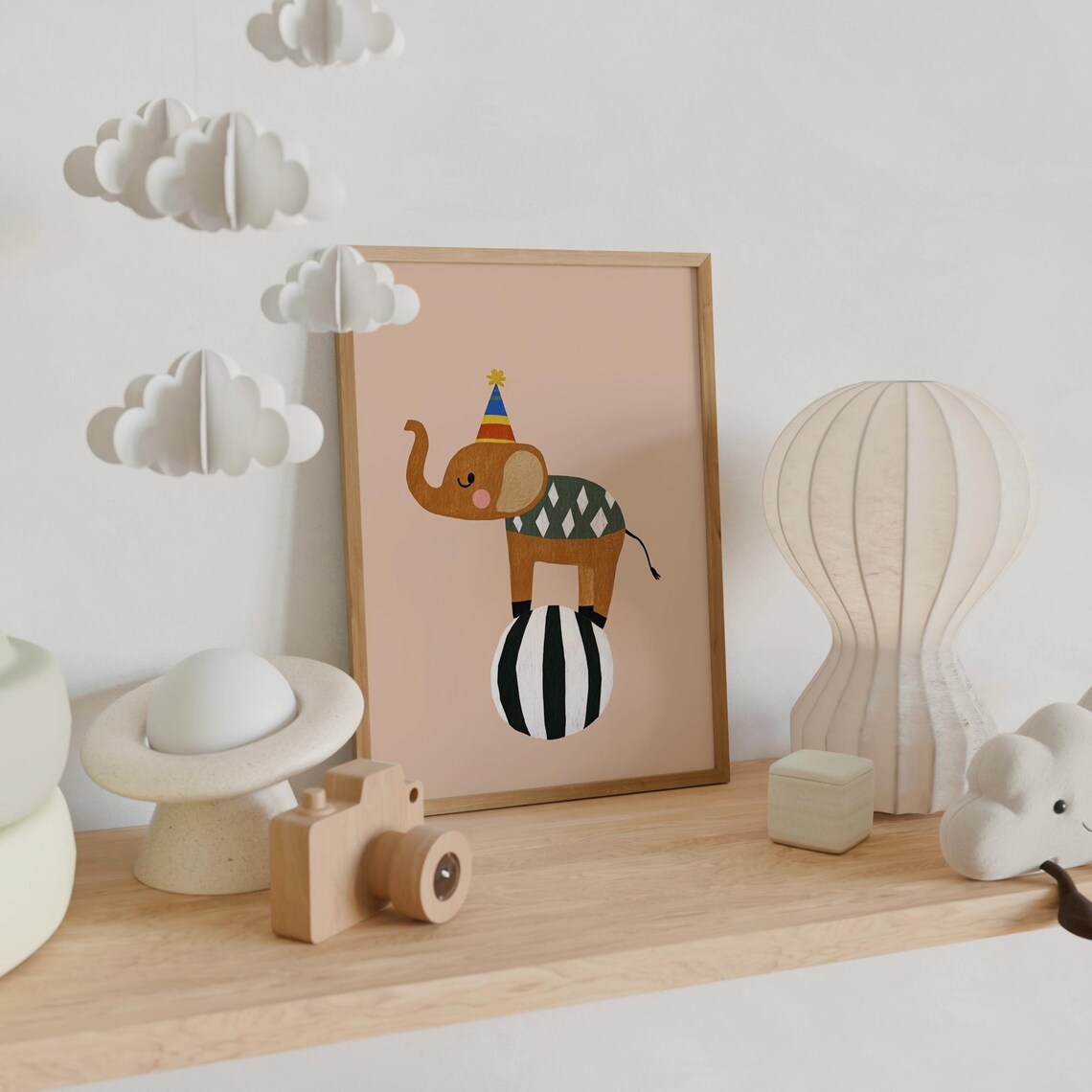 Elephant In Party Hat Balancing On Ball Nursery Kids Animal Poster