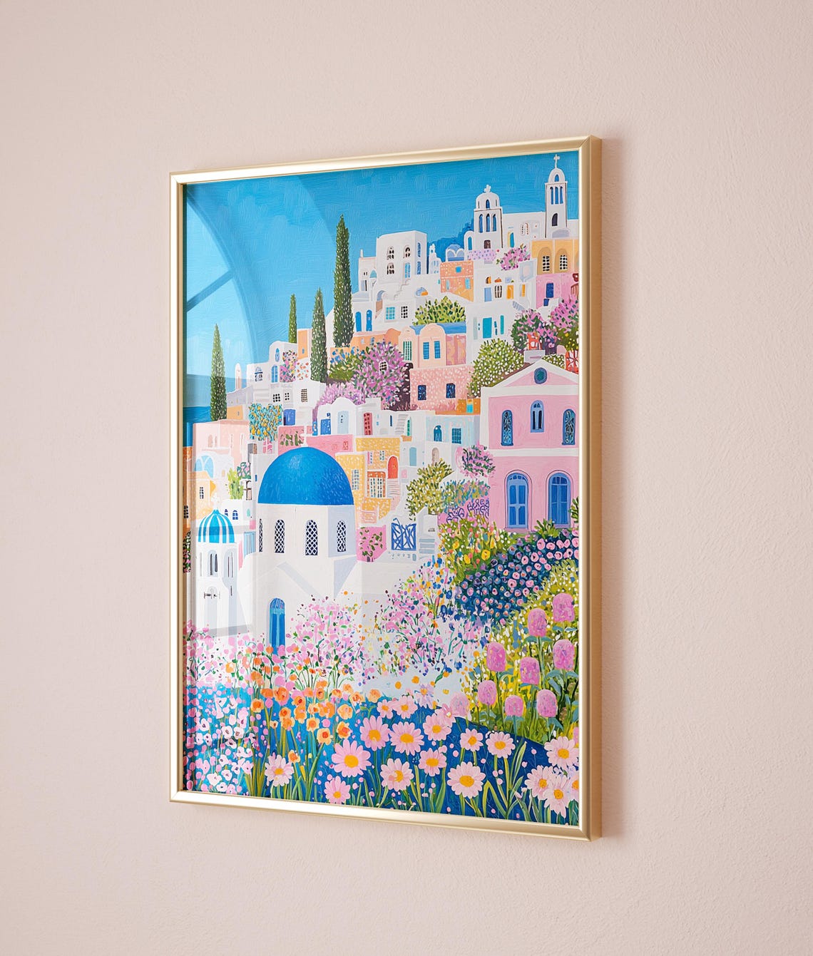 Santorini Village Blue Domes Wildflowers Cypress Greek Path Poster - Image 2