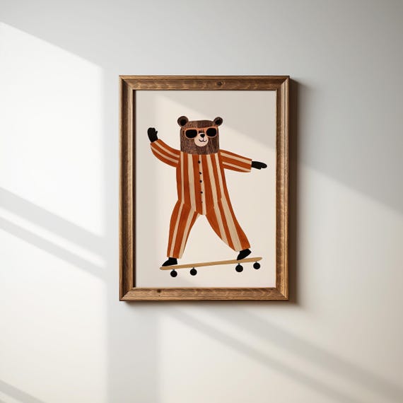 Skateboarding Bear Nursery Wall Art Whimsical Animal Print For Kids Room Playful Childrens Decor Art
