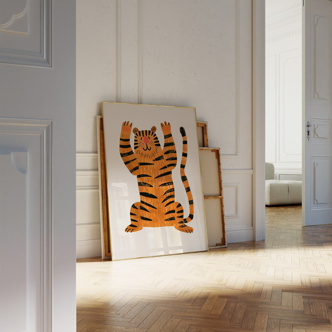 Happy Orange Tiger Sitting Paws Up Fun Nursery Animal Poster - Image 2
