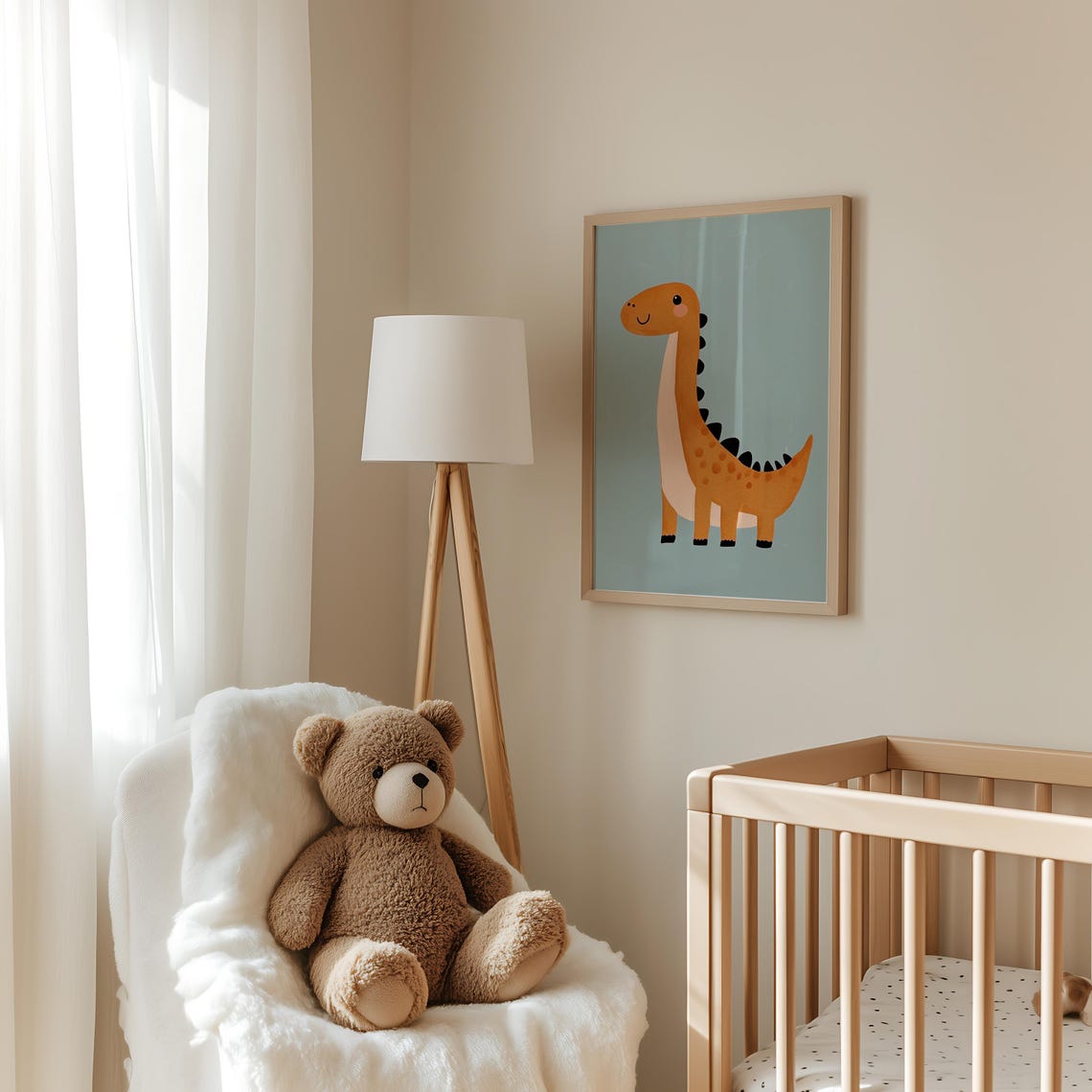 Smiling Orange Sauropod Dinosaur Teal Nursery Kids Room Poster - Image 3