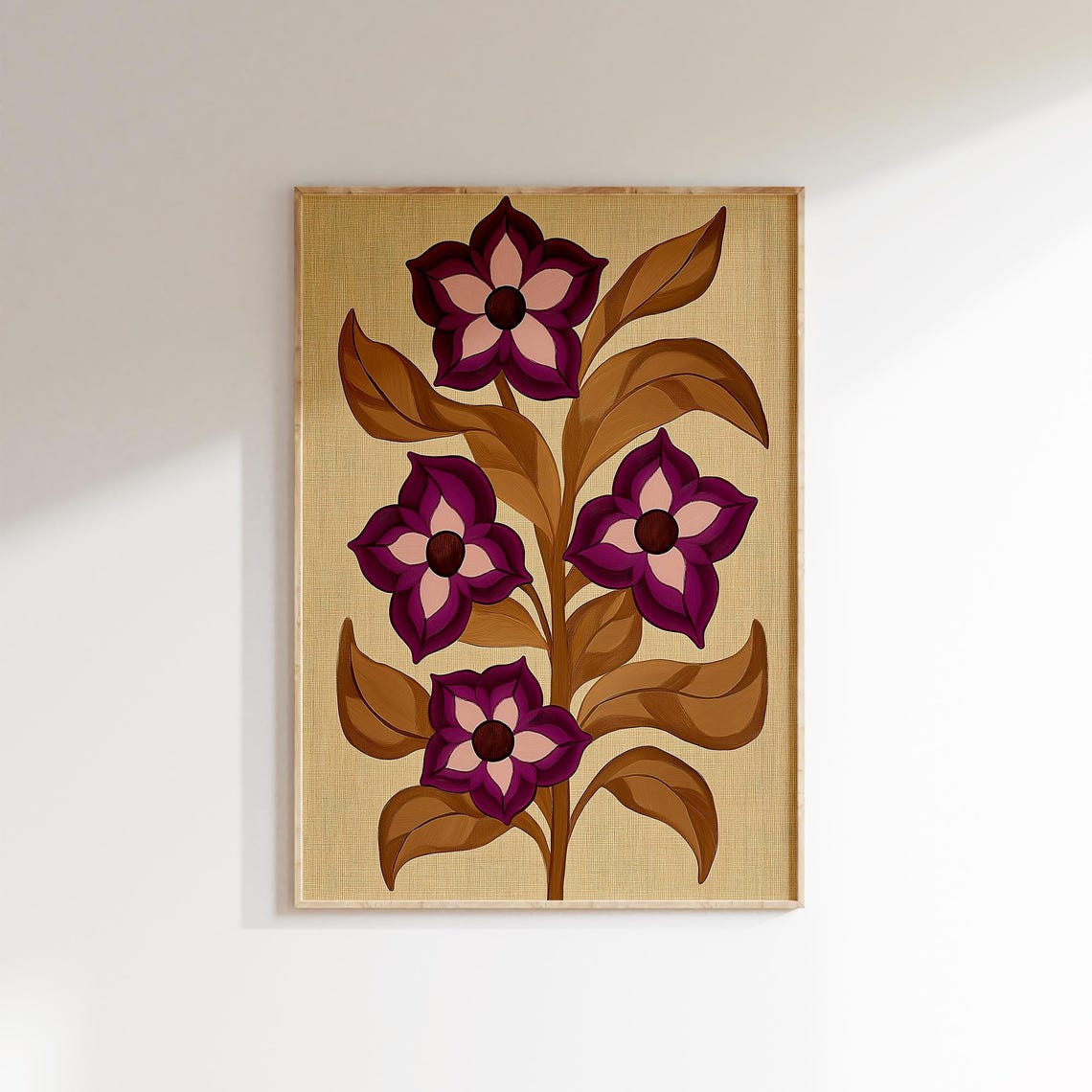Retro Purple Flower Botanical Print Mid Century Brown Leaf Wall Art - Image 4