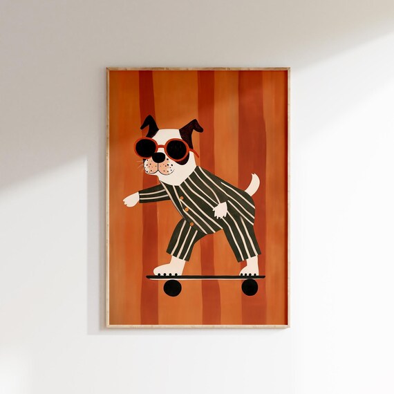 Cool Dog On Skateboard With Red Sunglasses Cute Kids Room Wall Poster