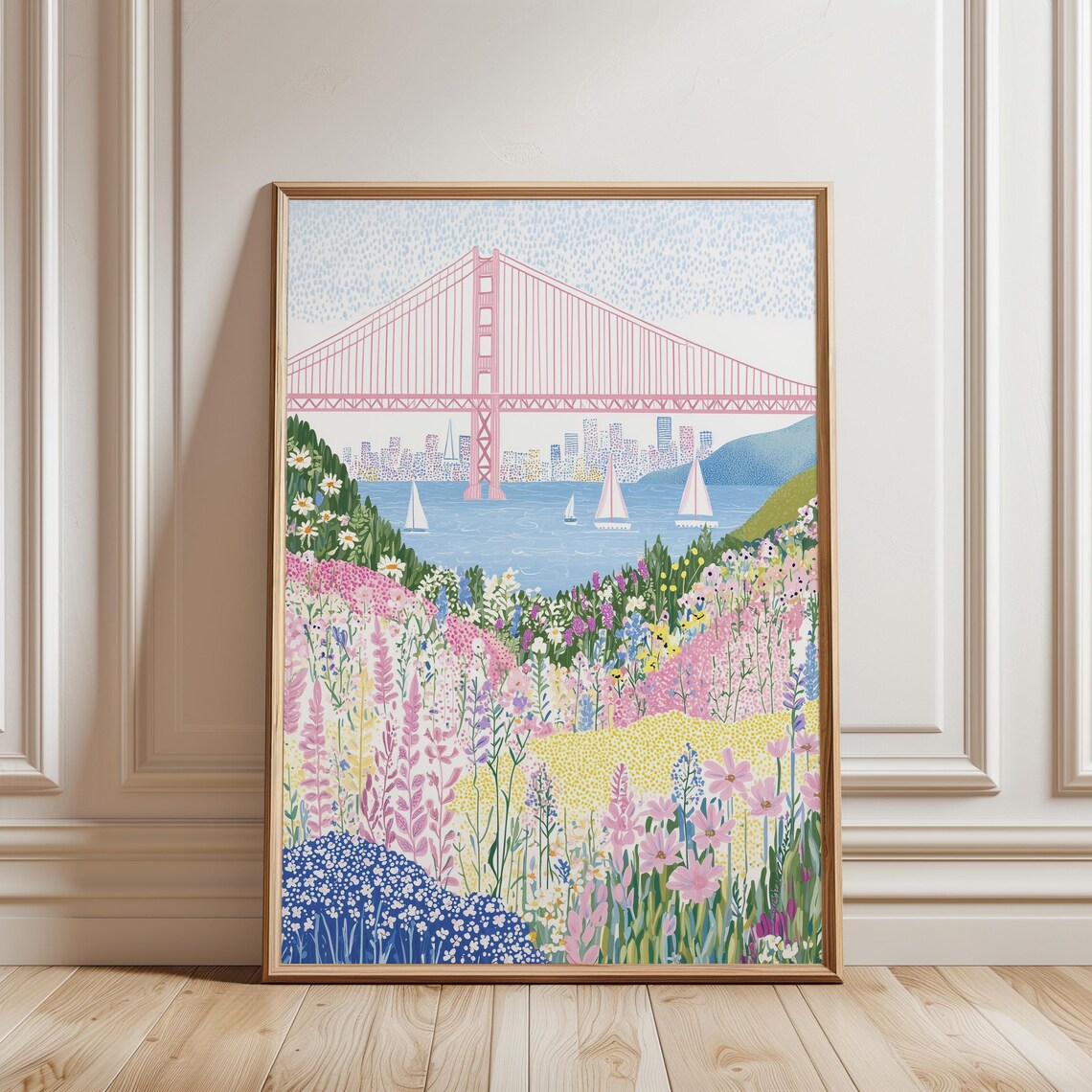 San Francisco Golden Gate Bridge Wildflower Field Sailboats Poster
