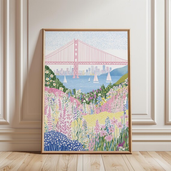 San Francisco Golden Gate Bridge Wildflower Field Sailboats Poster
