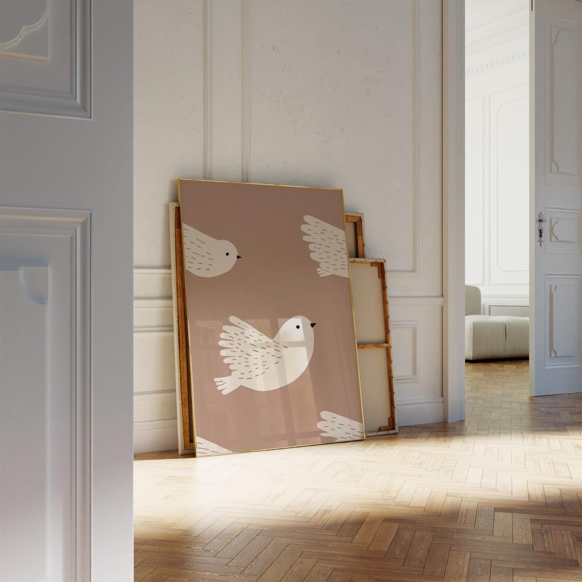 White Birds Flying Tan Background Nursery Kids Room Art Poster - Image 2