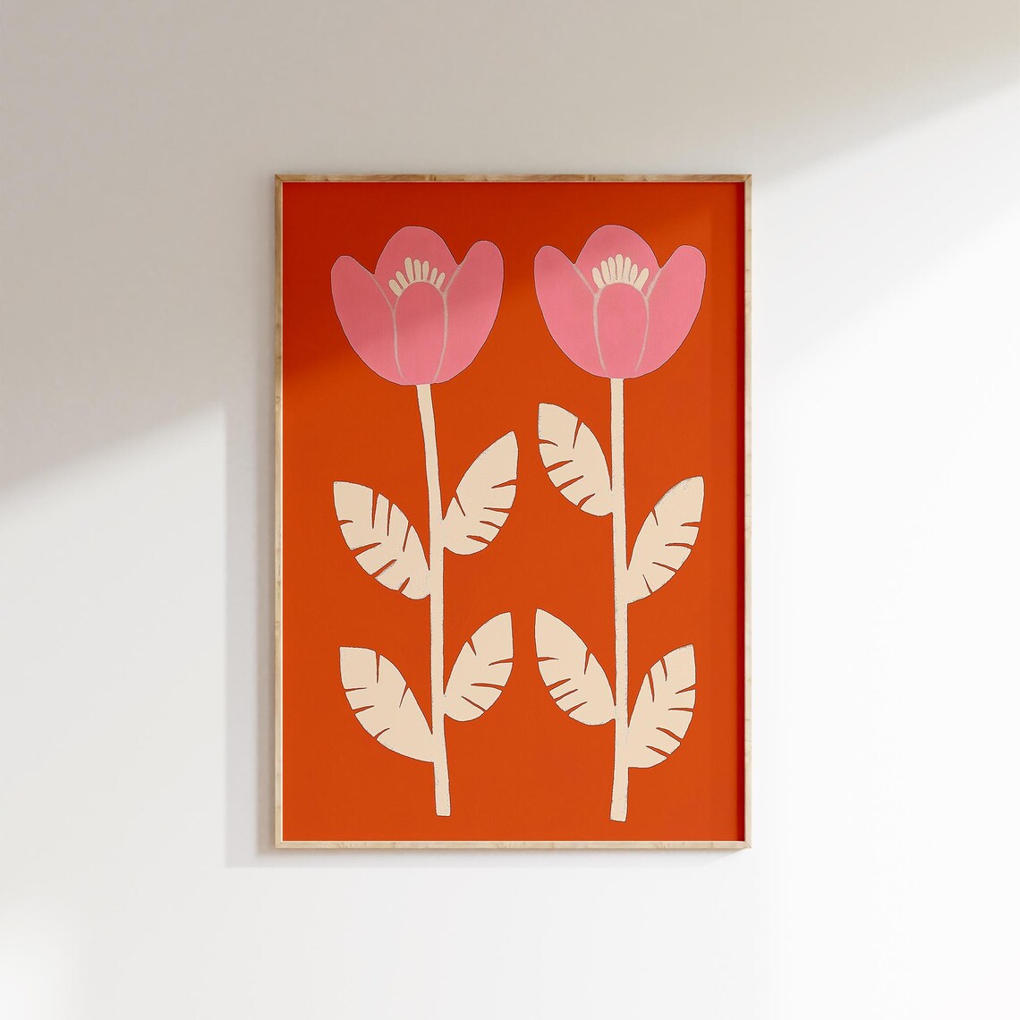 Retro Pink Tulip Flower Print Orange Scandinavian Folk Wall Poster