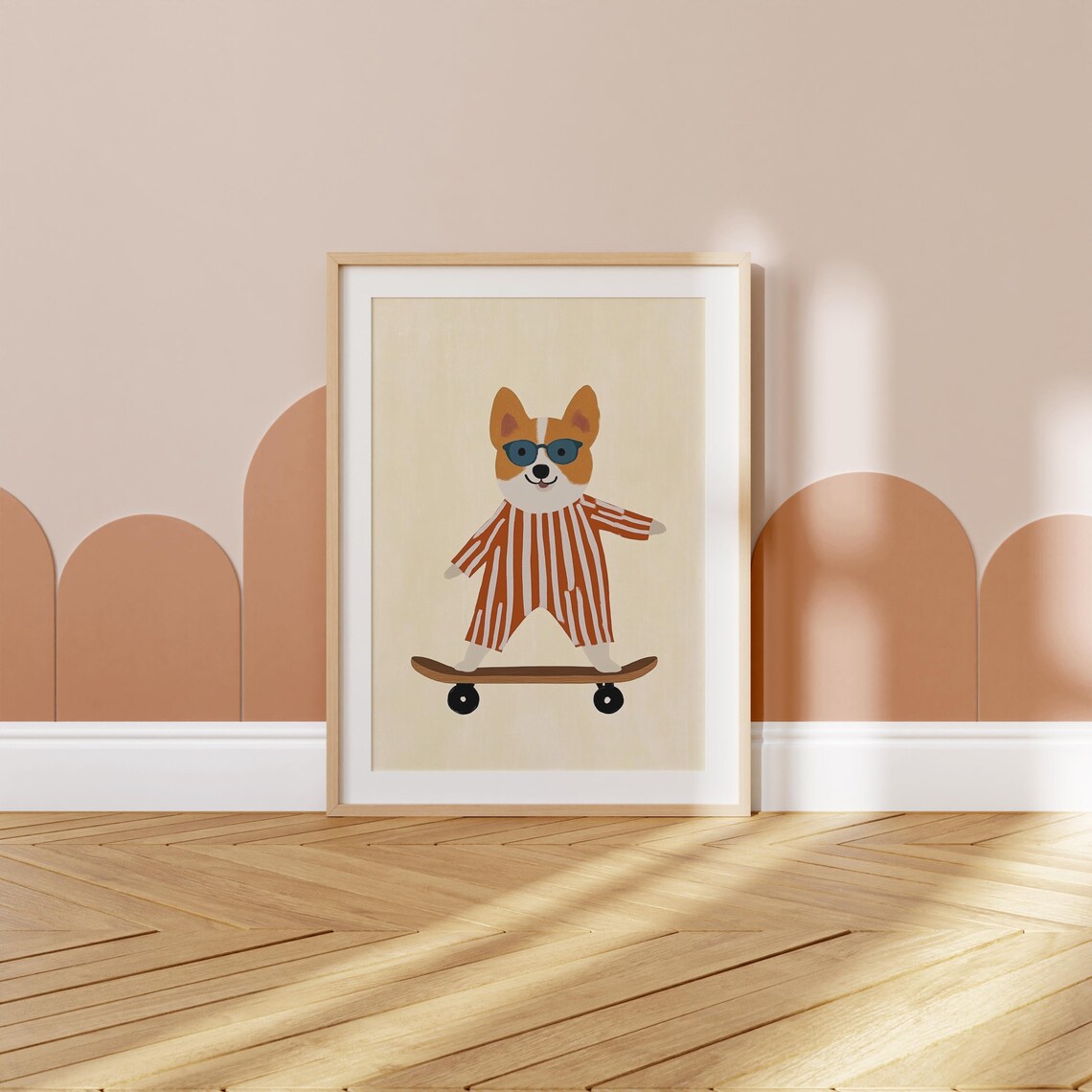 Corgi In Striped Pajamas Riding Skateboard Nursery Kids Animal Poster - Image 2