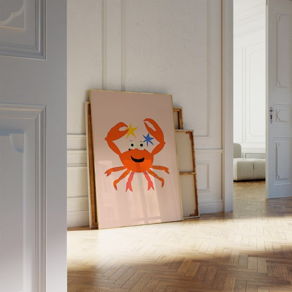 Cheerful Orange Crab With Stars Print Fun Kids Room Art Colorful Playroom Wall Decor Eclectic Decor Poster
