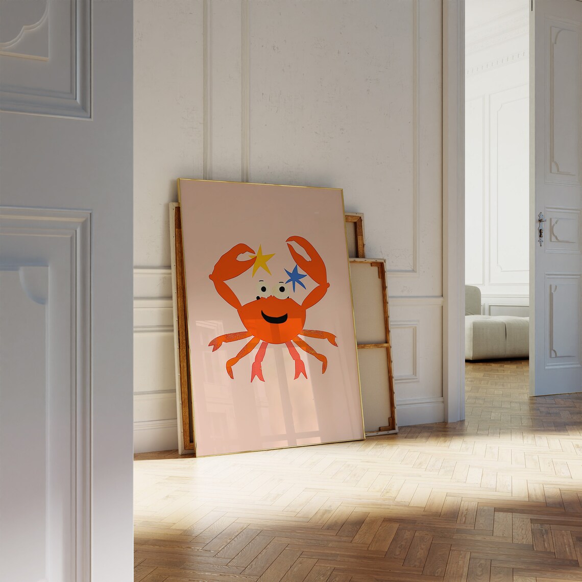 Cheerful Orange Crab Kids Room Print With Starry Eyes Ocean Nursery Art