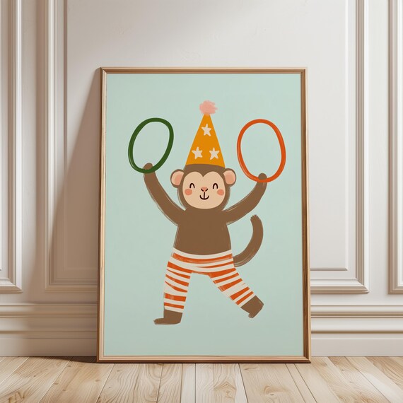 Party Monkey Orange Party Hat Striped Pants Juggling Hoops Kids Wall Poster