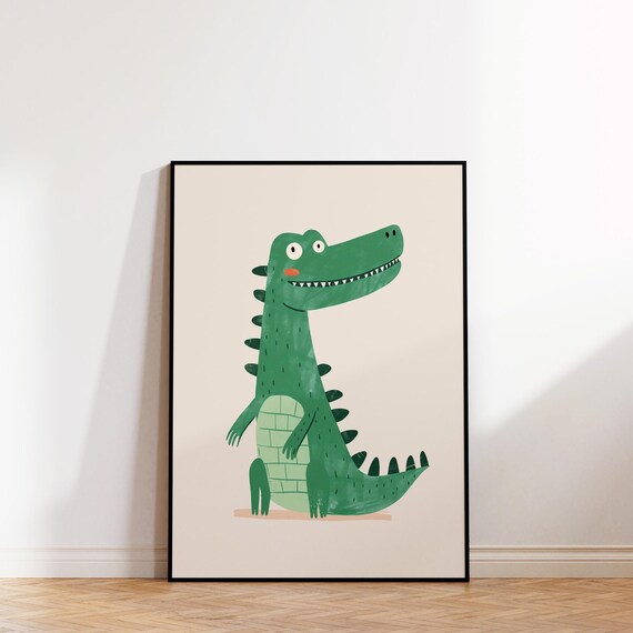 Smiling Green Crocodile Cute Nursery Kids Room Animal Theme Art Poster
