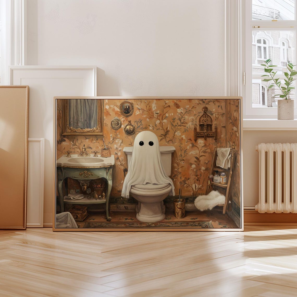 Vintage Bathroom Ghost Art Poster Whimsical Halloween Toilet Decor