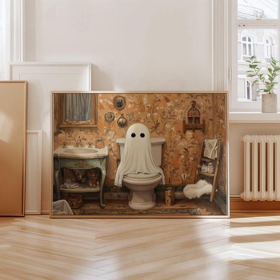 Vintage Bathroom Ghost Whimsical Halloween Art Print For Home Decor And Tv Frame Art Cute Spooky Wall Decor