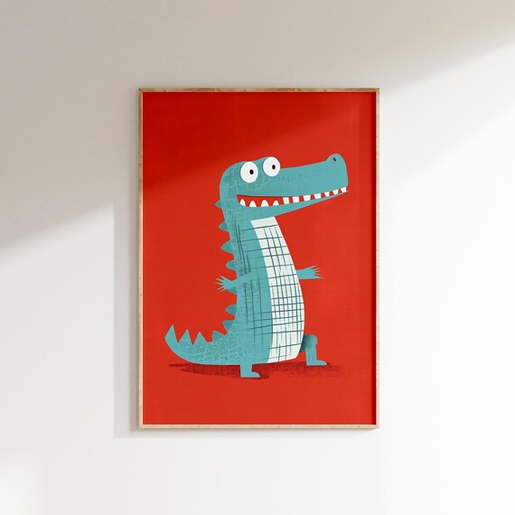 Happy Teal Alligator Smiling Bold Red Background Fun Kids Poster
