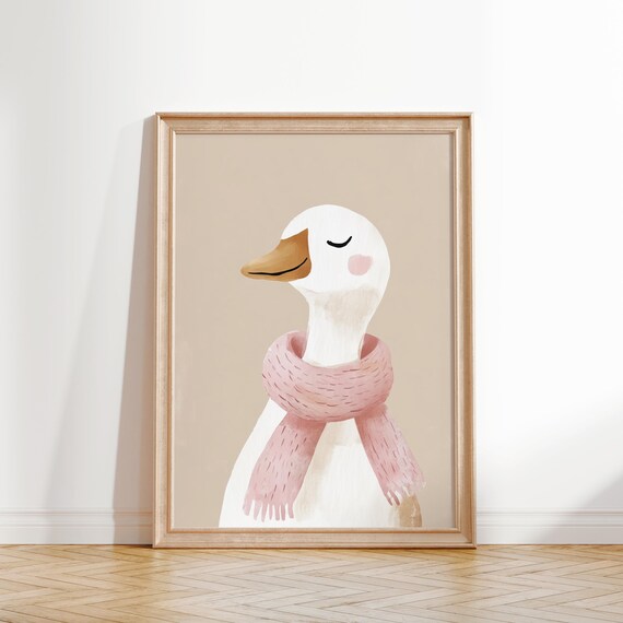 Sleepy Duck Pink Cozy Scarf Watercolor Beige Nursery Kids Wall Art