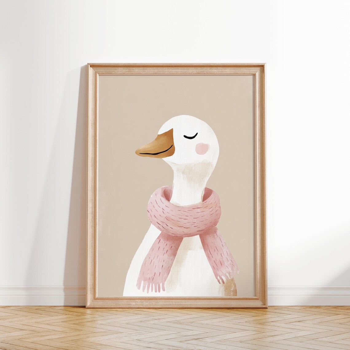Sleepy Duck Pink Cozy Scarf Watercolor Beige Nursery Kids Wall Art