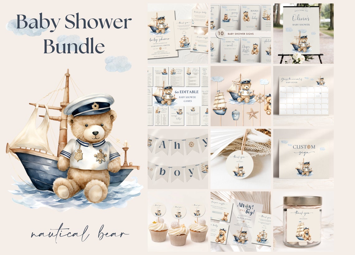 Nautical Teddy Bear Baby Shower Stationery Bundle Set Nursery Wall Art