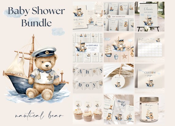 Nautical Teddy Bear Baby Shower Stationery Bundle Set Nursery Wall Art