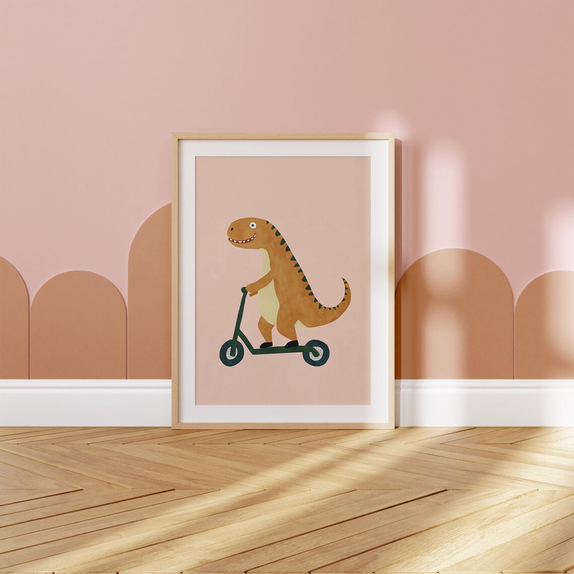 Happy Dinosaur Riding Green Scooter Cute Kids Dino Room Poster