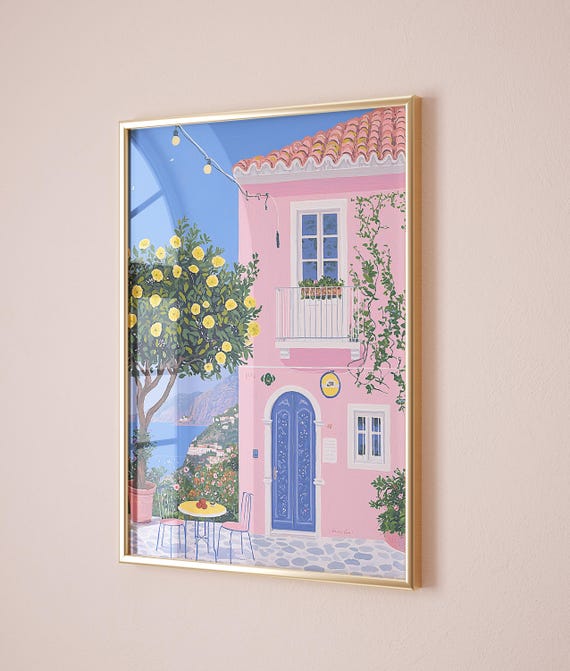 Lemon Tree Villa Print Pink Mediterranean House Coastal Italian Riviera Wall Art Beach House Decor