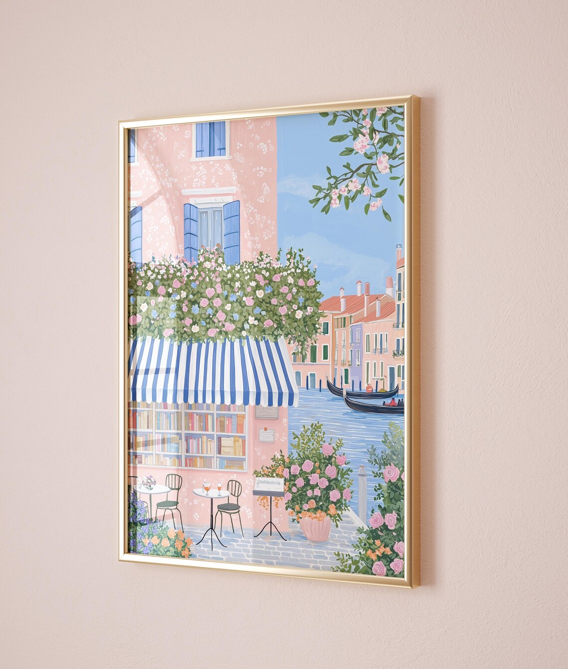 Venice Canal Bookshop Gondolas Italian Floral Folk Art Poster Decor - Image 3
